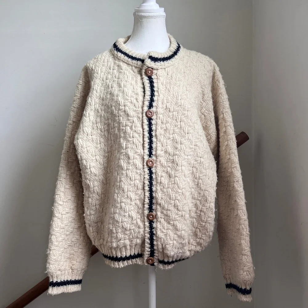 Vintage Chunky Cardigan Sweater Cream Basketweave Hand Knit Button Up Oversized